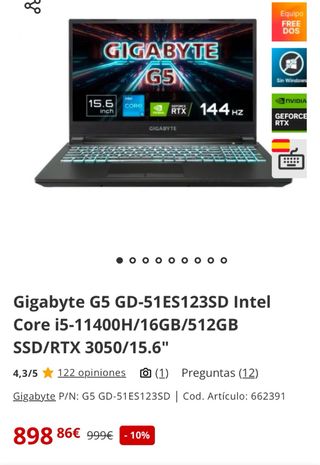 Portátil Gigabyte i5-16gb-512gb-RTX3050