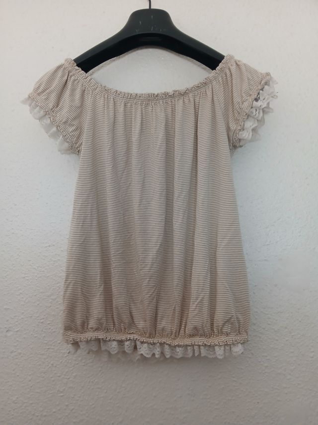 Camiseta beige y blanca rayas - Talla L