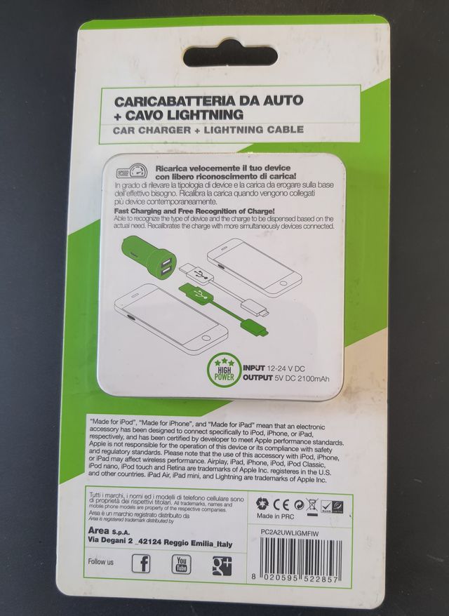 Caricabatteria Auto Area + Cavo Lightning