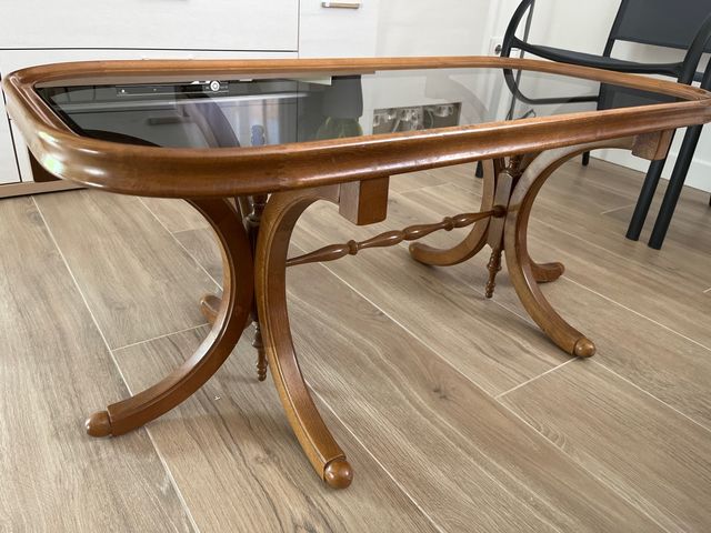 Tavolo da centro vintage in legno e cristallo