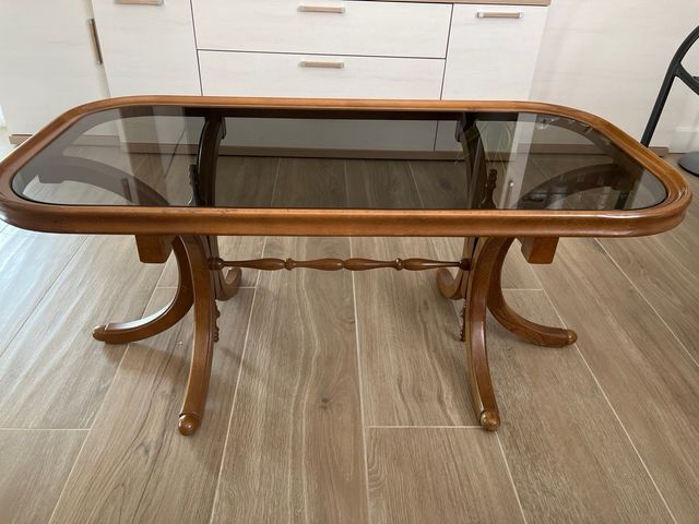 Tavolo da centro vintage in legno e cristallo