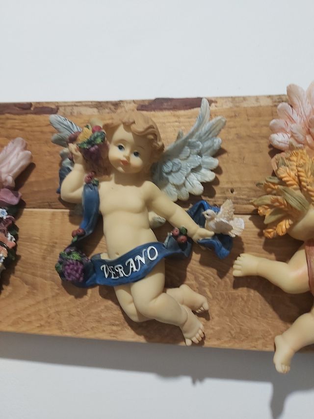 4 Figuritas ángeles madera -Primavera-Verano-Otoño