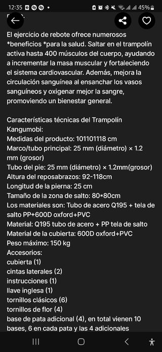 Mini cama elástica con barra en perfecto estado.