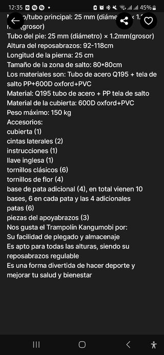 Mini cama elástica con barra en perfecto estado.