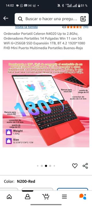 Portátil Celeron N4020 Rojo Notod