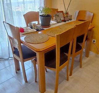 Mesa madera + 6 sillas tapizadas