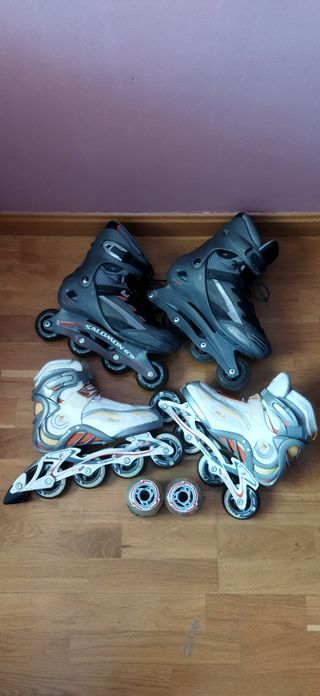 2 pares patines línea, 2 bolsas, 8 repuestos 76mm