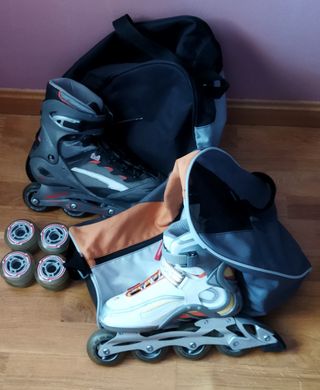 2 pares patines línea, 2 bolsas, 8 repuestos 76mm