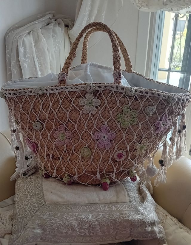 Borsa Paglia Crochet - Beige Rosa