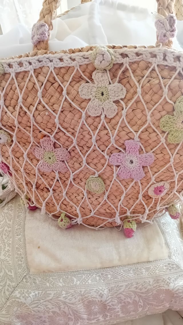 Borsa Paglia Crochet - Beige Rosa