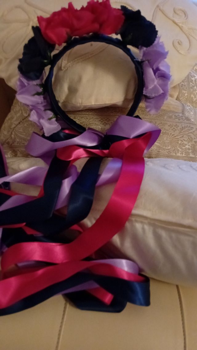 Fascia capelli fiori lilla-rosa fucsia e blu