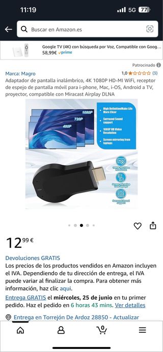 Adaptador Magro 4K 1080p HD-MI Inalámbrico