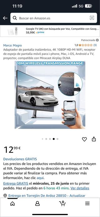 Adaptador Magro 4K 1080p HD-MI Inalámbrico