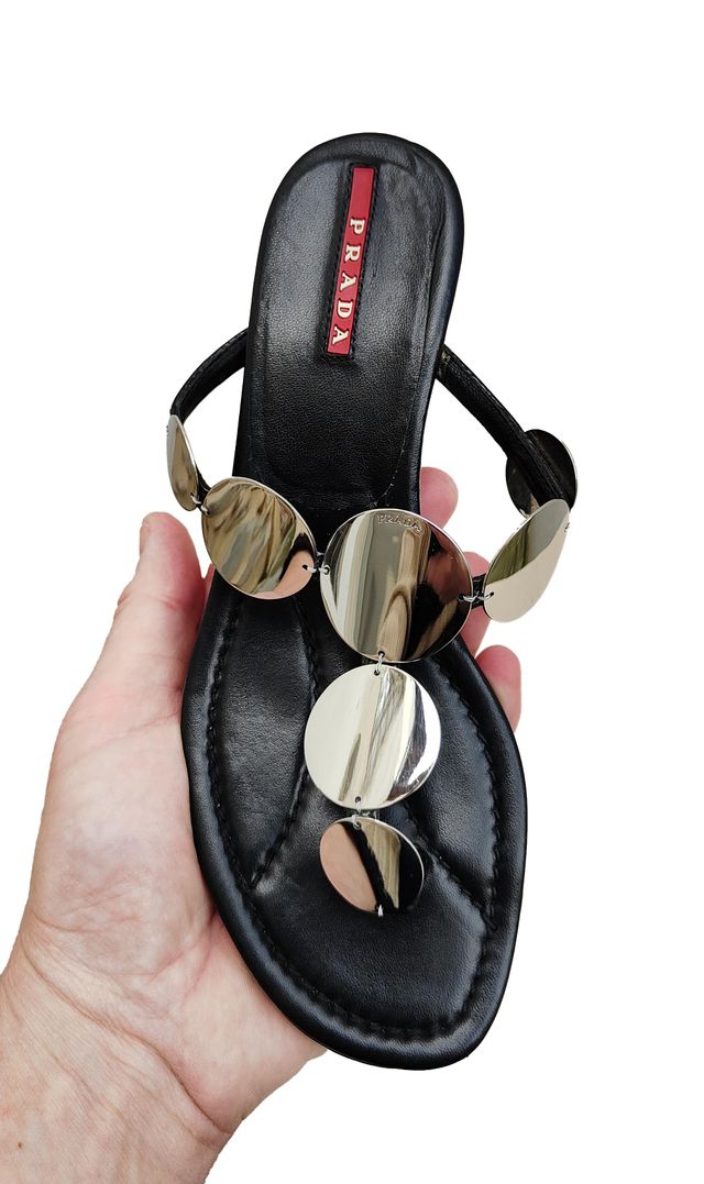 Prada Vintage Leather Flip-flop Metal Medals Logo
