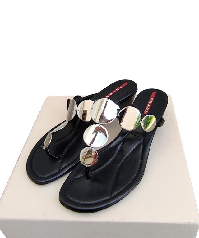 Prada Vintage Leather Flip-flop Metal Medals Logo