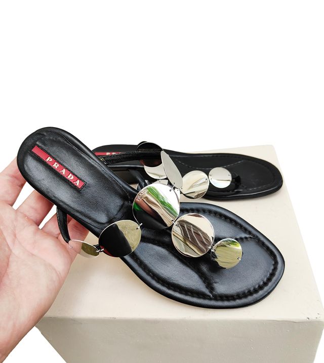 Prada Vintage Leather Flip-flop Metal Medals Logo