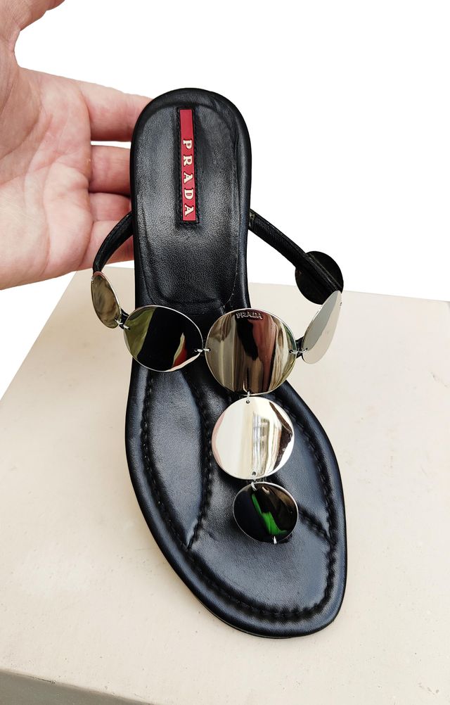 Prada Vintage Leather Flip-flop Metal Medals Logo