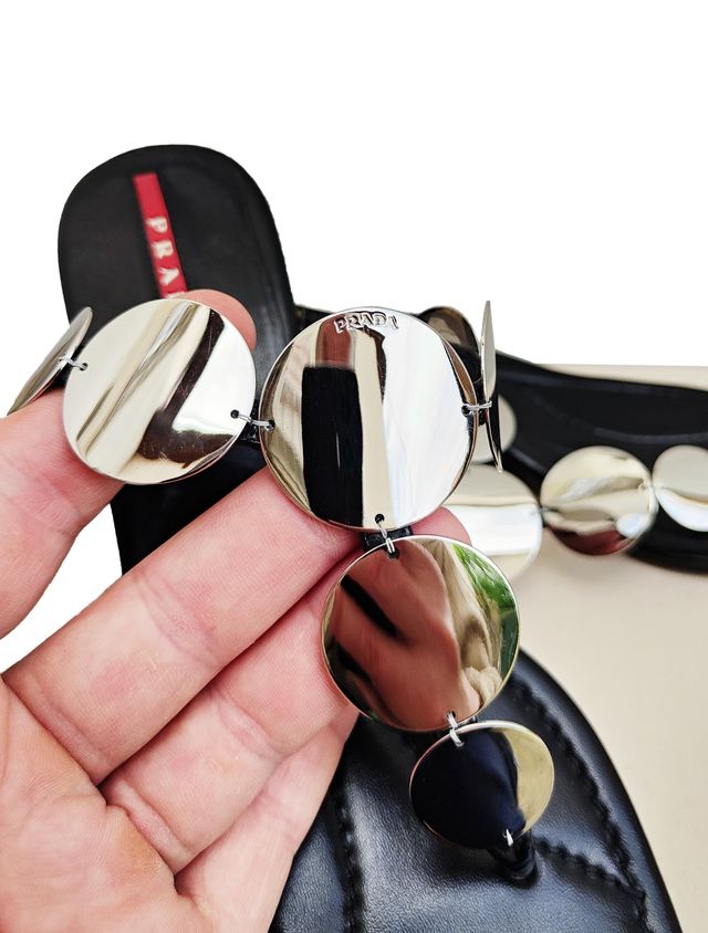 Prada Vintage Leather Flip-flop Metal Medals Logo