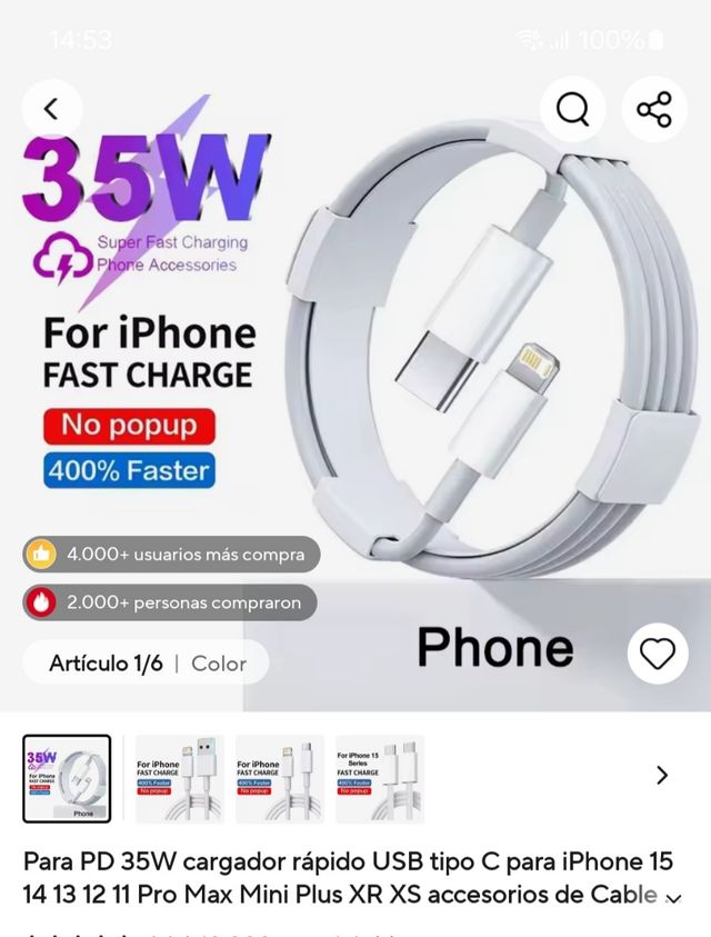 Cable USB-C Carga Rápida iPhone 35W