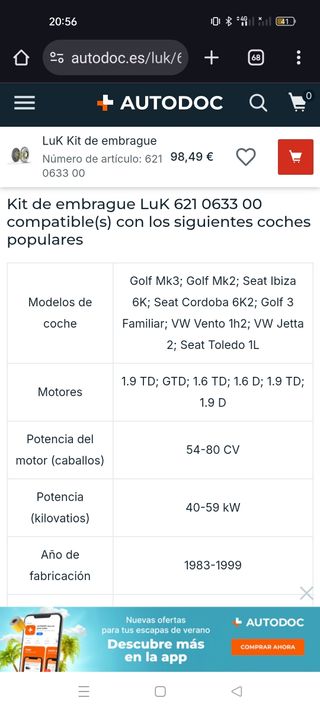Embrague Valeo 621063300 - Toledo Golf vento jetta