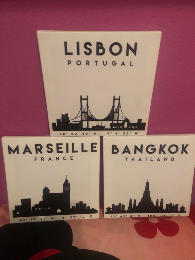 3 Cuadros Ciudades: Lisboa, Marsella, Bangkok