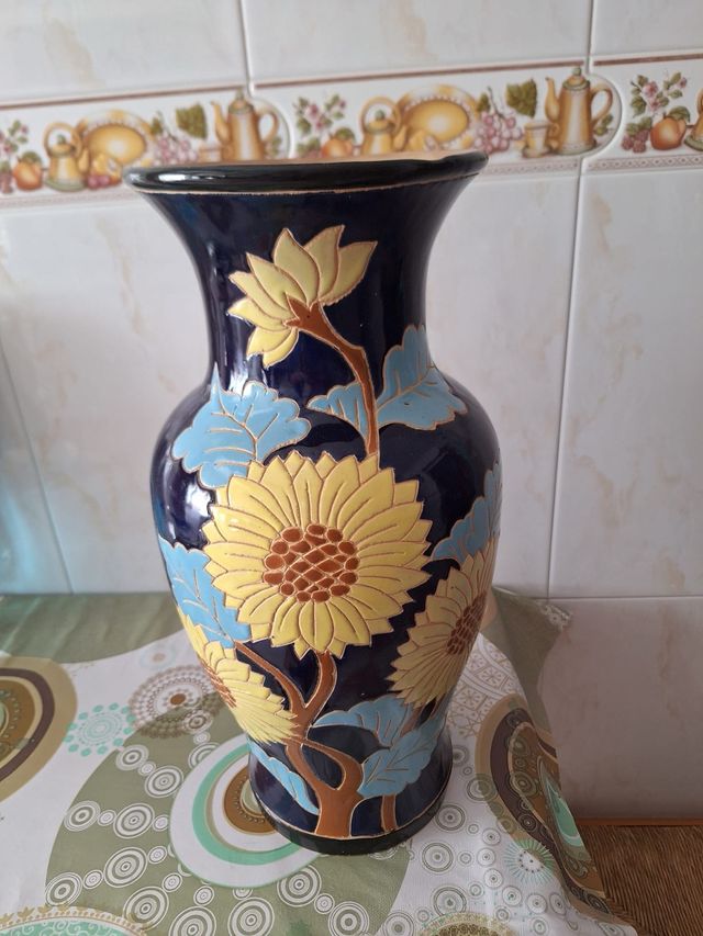 Jarrón Cerámica Azul Amarillo