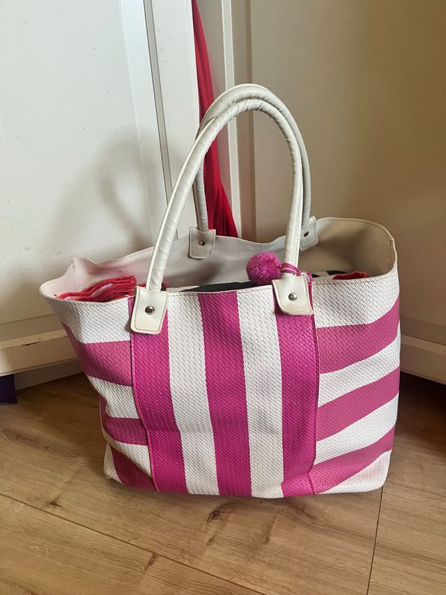 Bolsa playa rayas rosa-blanca
