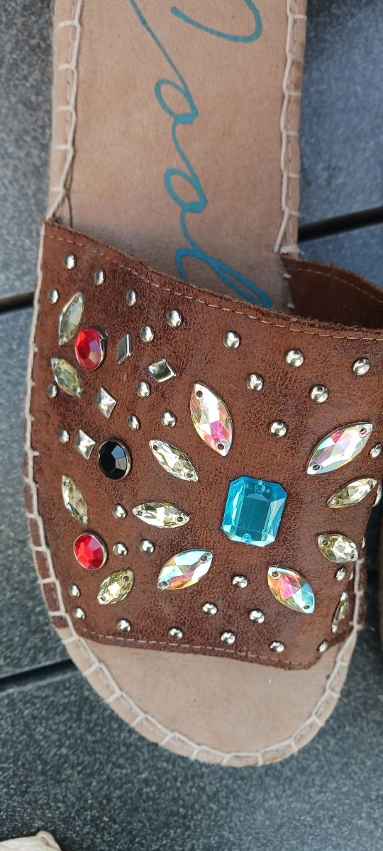 Cuñas esparto piel marrón decoradas mujer T-37