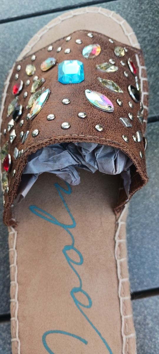 Cuñas esparto piel marrón decoradas mujer T-37