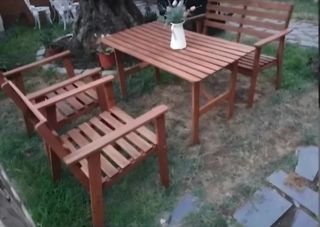 Conjunto mesa,banco y Sillones acabado teca