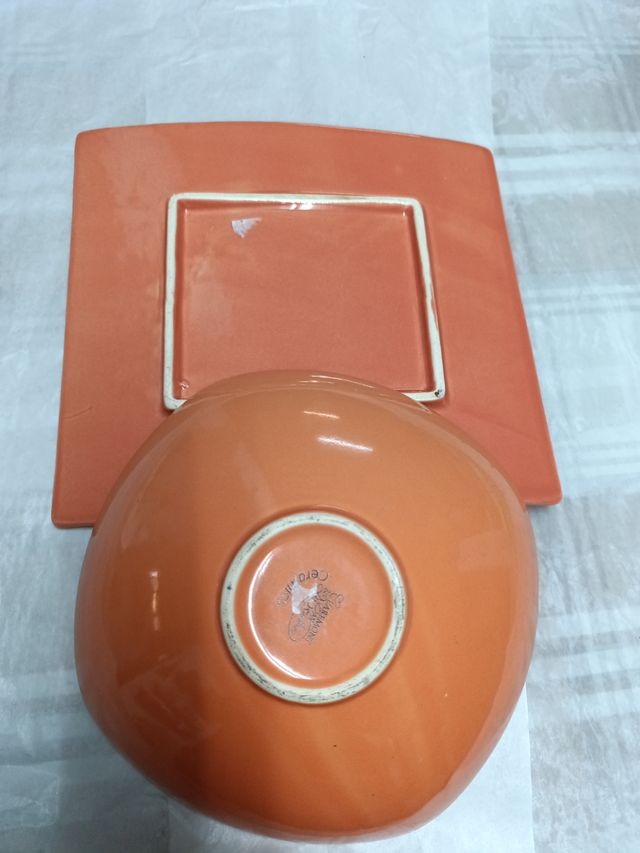 Juego Plato y Bol Cerámica Naranja