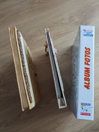3 álbumes fotos: madera, tela, Snoopy