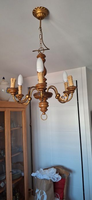 Lámpara colgante madera-metal 6 brazos