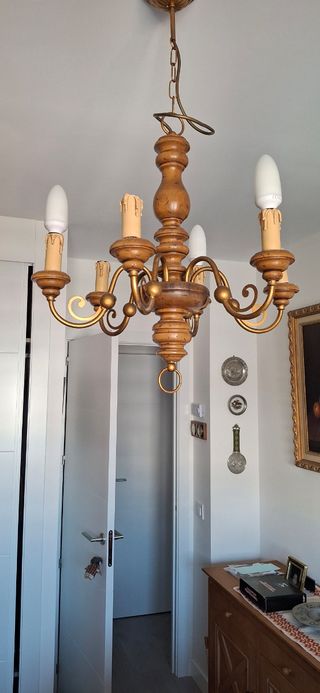 Lámpara colgante madera-metal 6 brazos