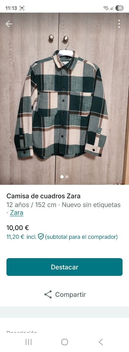 Camisa cuadros Zara niño 12 años