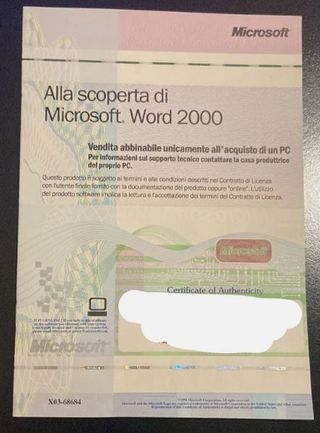 LICENZA MICROSOFT WORD 2000 (NO CD) usata
