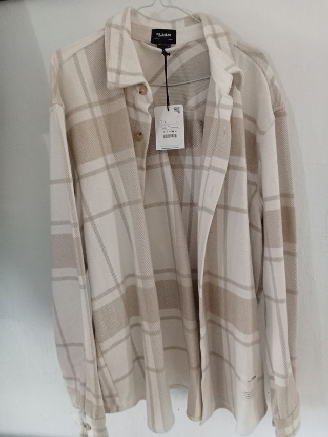 Camisa Pull&Bear cuadros beige - Talla L