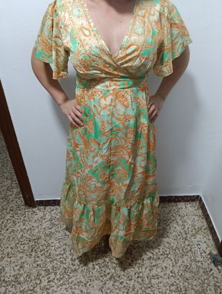 Vestido largo estampado azul y naranja por unidad 