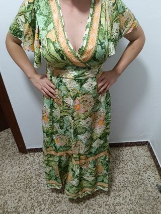 Vestido largo estampado azul y naranja por unidad 