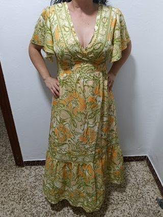 Vestido largo estampado azul y naranja por unidad 