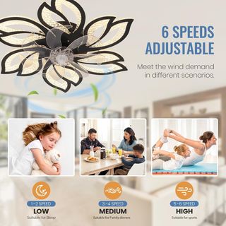 Lámpara ventilador techo led negra regulable 65cm
