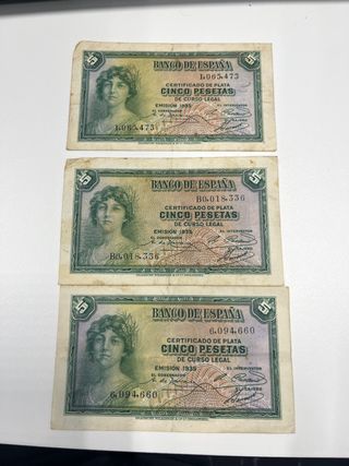 3 billetes 5 pesetas plata 1935