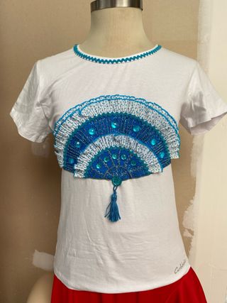 Camiseta Artesanal Abanico Azul creacion manual, 