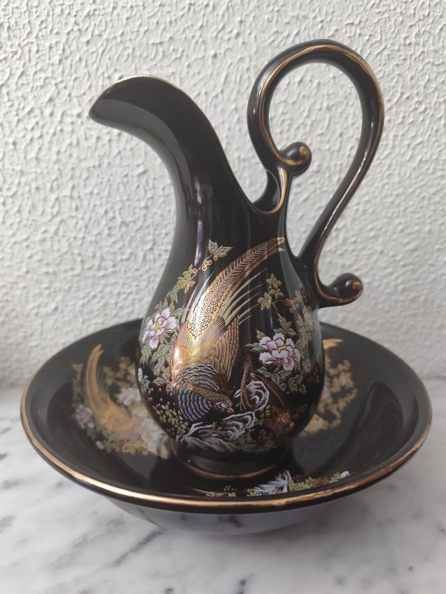 Aguamanil vintage porcelana negro-oro