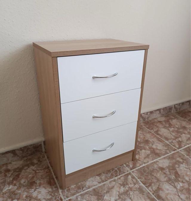 Comodino con 3 cassetti - bianco/legno