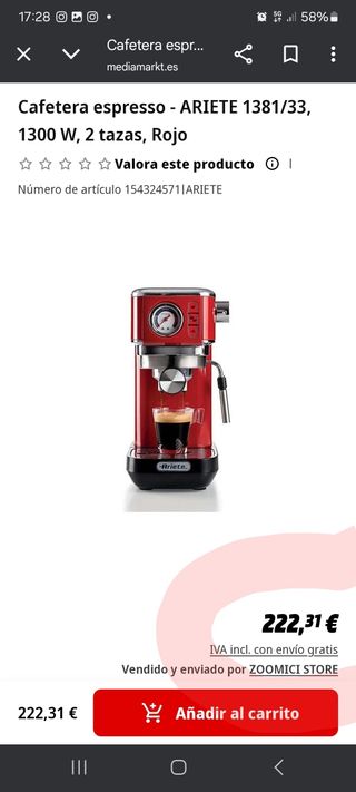 Cafetera Espresso Ariete 1381/33 Roja