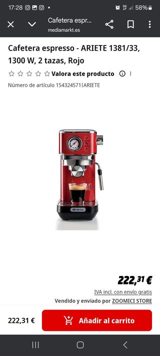 Cafetera Espresso Ariete 1381/33 Roja