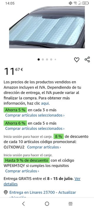 Parasol de coche + funda de volante sin estrenar