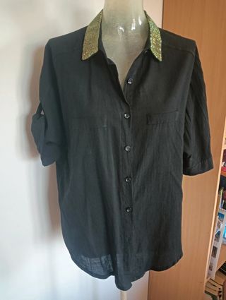 Camicia nera in cotone con strass tag.L