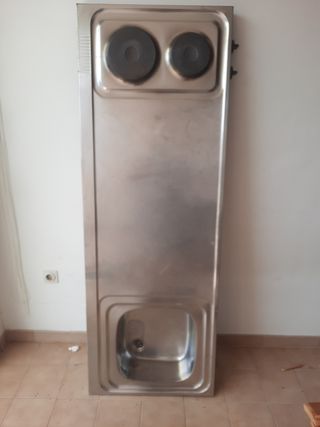 Encimera acero inox. 2 fuegos + fregadero y grifo